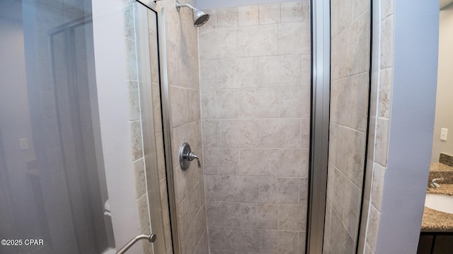 room details featuring vanity and a shower with shower door