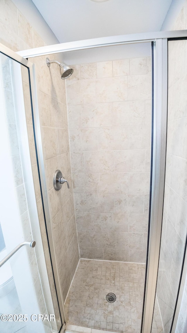 bathroom featuring a shower with door