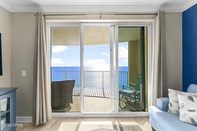 entryway featuring crown molding, a water view, and light hardwood / wood-style flooring