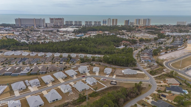 bird's eye view with a water view