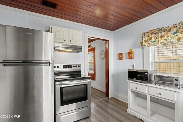 kitchen featuring wooden ceiling, under cabinet range hood, stainless steel appliances, visible vents, and light wood-style floors