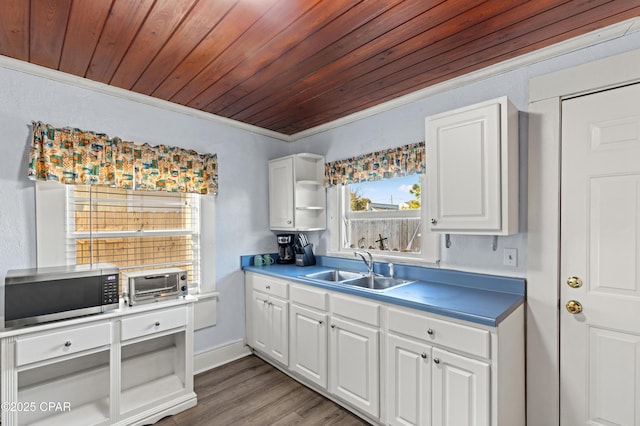 kitchen with wooden ceiling, a sink, white cabinets, open shelves, and stainless steel microwave