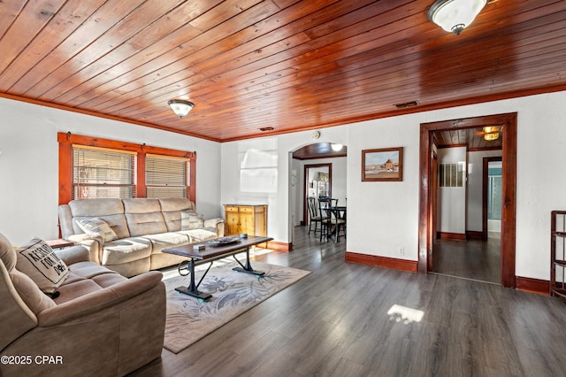 living room featuring wood finished floors, visible vents, baseboards, wood ceiling, and crown molding