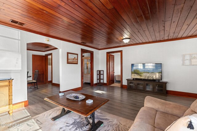 living area featuring arched walkways, crown molding, visible vents, wood finished floors, and wooden ceiling