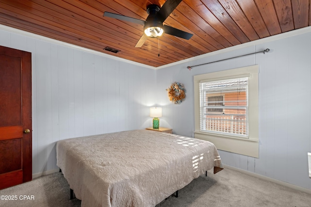 bedroom with carpet, wood ceiling, visible vents, and ceiling fan