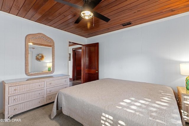 carpeted bedroom featuring wood ceiling, visible vents, and a ceiling fan