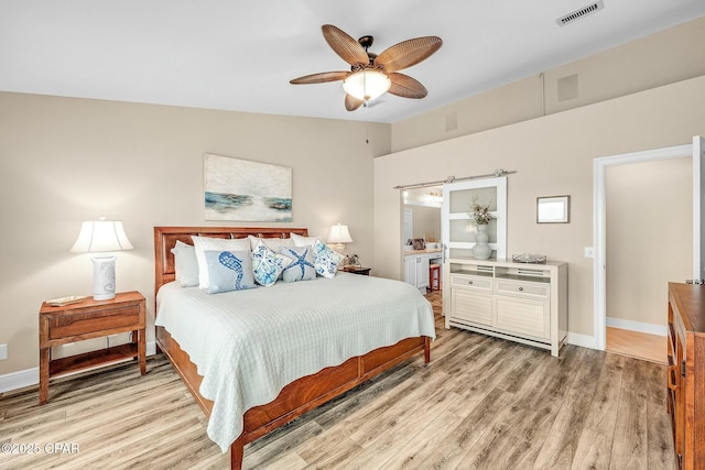 bedroom with light hardwood / wood-style floors and ceiling fan