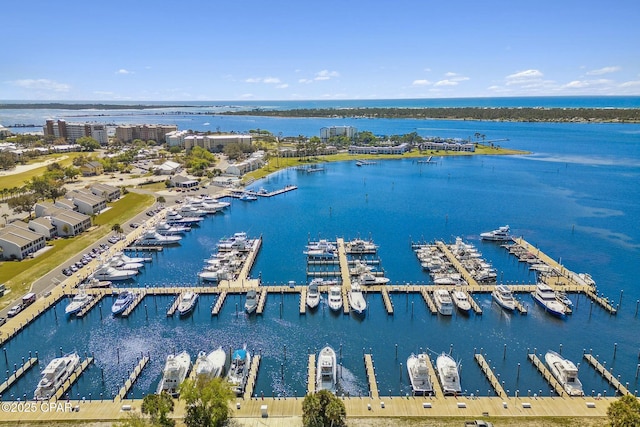 bird's eye view with a water view