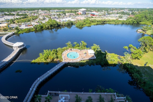 birds eye view of property featuring a water view