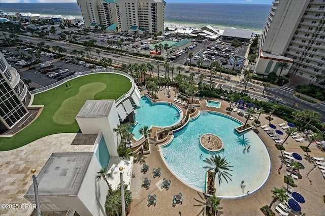 aerial view featuring a water view