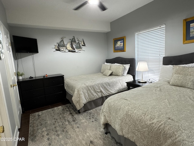 bedroom featuring hardwood / wood-style flooring and ceiling fan