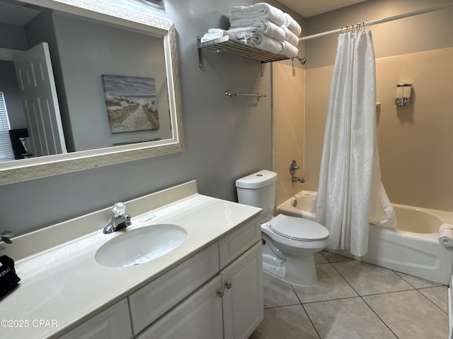 full bathroom with toilet, tile patterned floors, shower / bathtub combination with curtain, and vanity