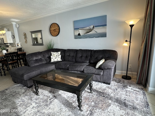 living room featuring crown molding, a textured ceiling, and light tile patterned floors