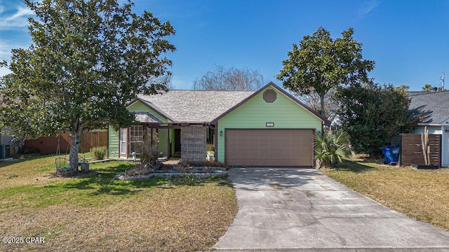 ranch-style home with a garage, a front yard, and central air condition unit