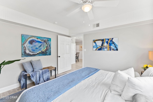 bedroom featuring ceiling fan and light hardwood / wood-style flooring