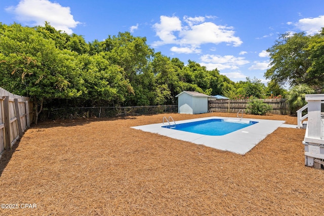 view of swimming pool with a patio area and a storage shed