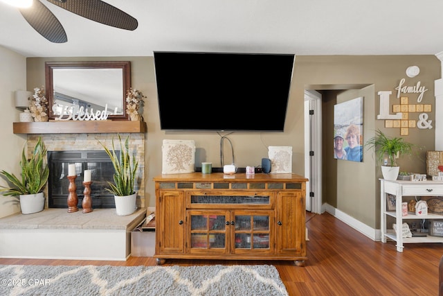 living room featuring dark hardwood / wood-style flooring and a fireplace