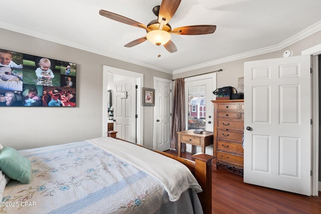 bedroom featuring dark wood-type flooring, ceiling fan, and crown molding