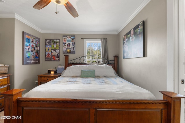 bedroom featuring ornamental molding and ceiling fan