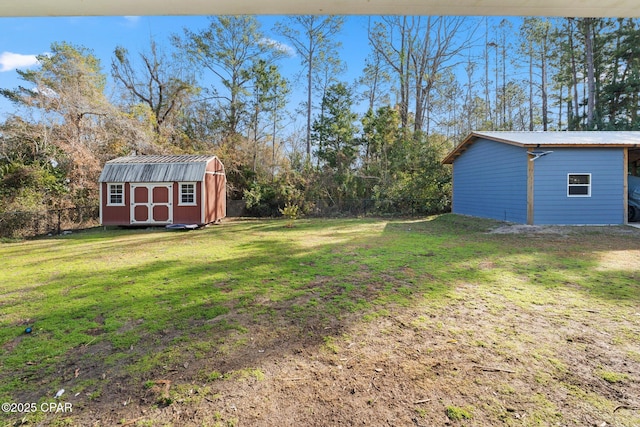 view of yard featuring a shed