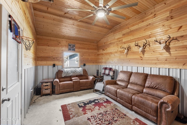 living room with ceiling fan, wood walls, vaulted ceiling, and wooden ceiling