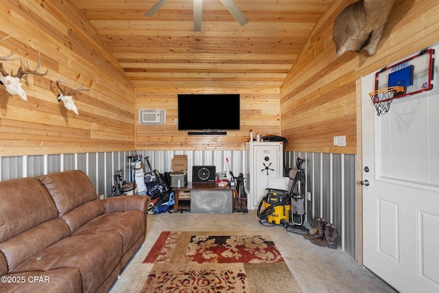 living room with lofted ceiling, wooden walls, and wooden ceiling