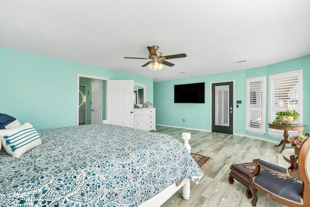 bedroom featuring ceiling fan, access to exterior, and light hardwood / wood-style flooring