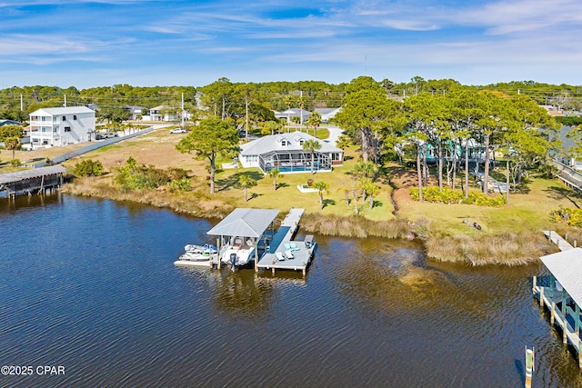 aerial view featuring a water view