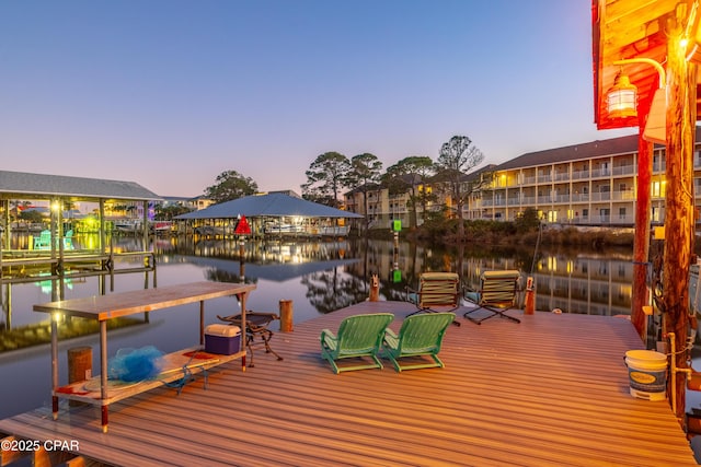 view of dock with a water view