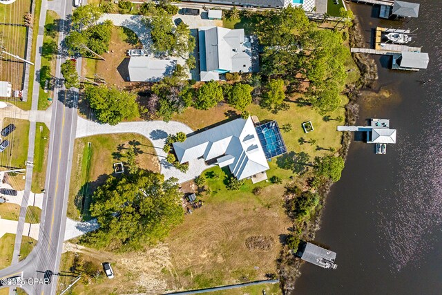 drone / aerial view featuring a water view