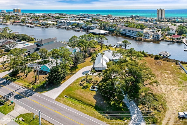 drone / aerial view featuring a water view