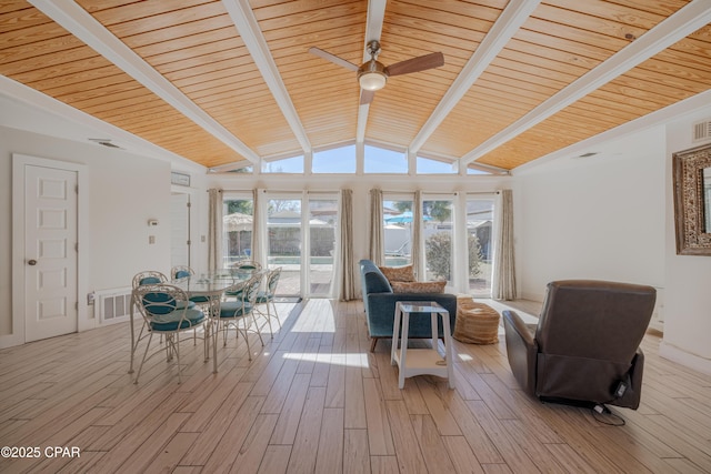 sunroom with vaulted ceiling with beams, wooden ceiling, and ceiling fan