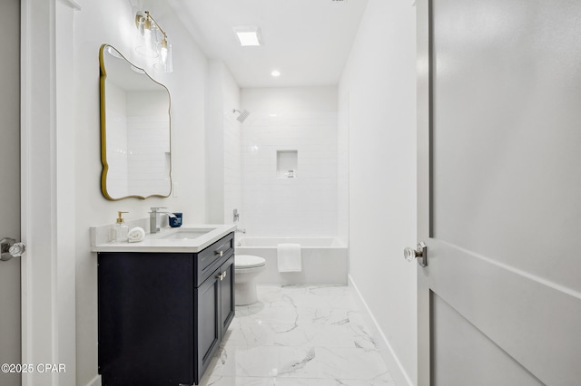 full bathroom with shower / bath combination, baseboards, toilet, marble finish floor, and vanity