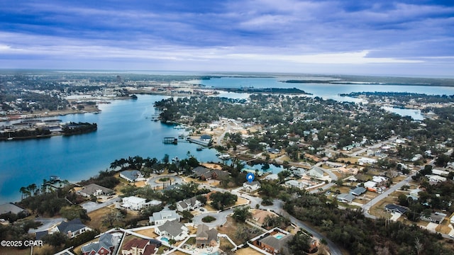 aerial view with a water view and a residential view