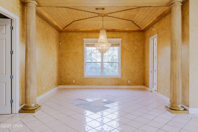 unfurnished dining area featuring vaulted ceiling, decorative columns, light tile patterned floors, wood ceiling, and crown molding