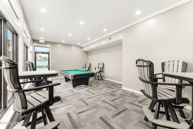 game room featuring light carpet and billiards