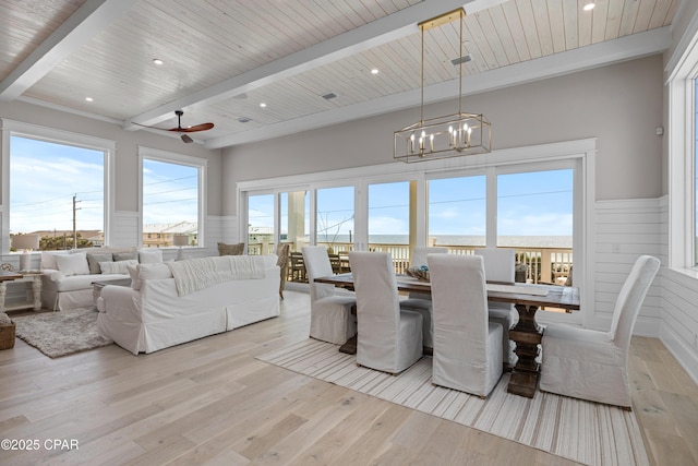 dining room with wood ceiling, beam ceiling, a water view, a notable chandelier, and light wood-type flooring