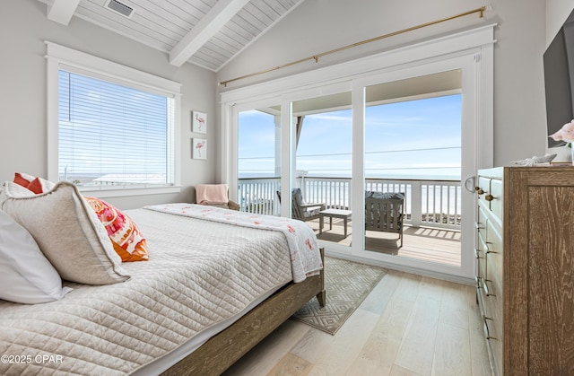 bedroom with wood ceiling, vaulted ceiling with beams, light hardwood / wood-style floors, and access to outside