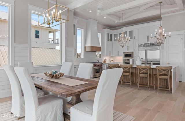 dining area with beamed ceiling, wooden ceiling, and a chandelier