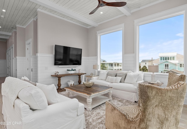 living room featuring ceiling fan, hardwood / wood-style flooring, wooden ceiling, and beamed ceiling