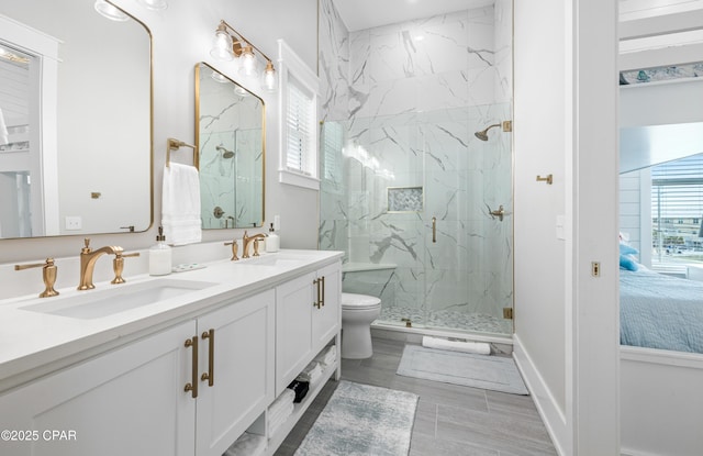 bathroom featuring vanity, toilet, an enclosed shower, and a wealth of natural light