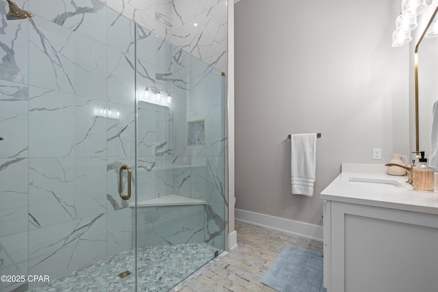 bathroom featuring vanity and walk in shower