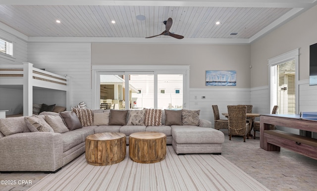 living room with ceiling fan, wood ceiling, and wooden walls