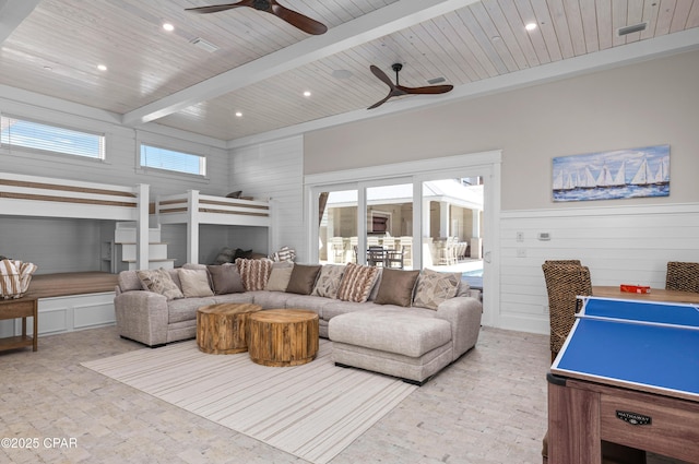 living room featuring beamed ceiling, wood walls, ceiling fan, and wooden ceiling