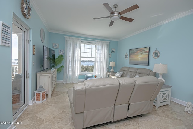 bedroom featuring ceiling fan and ornamental molding