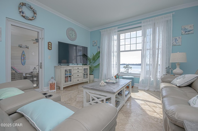 living room with ornamental molding