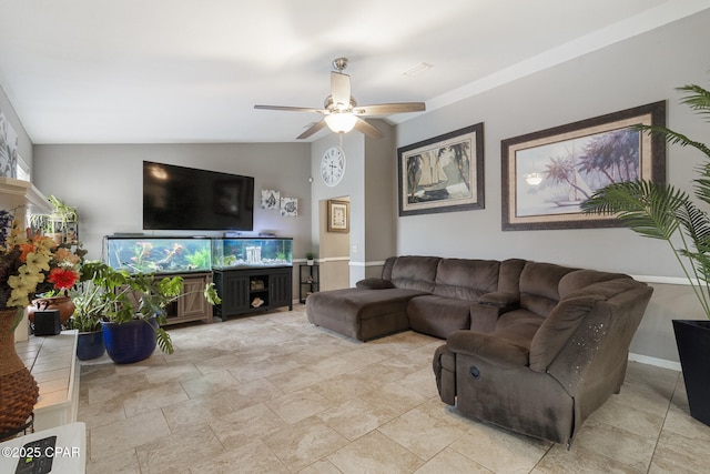 living room with lofted ceiling and ceiling fan