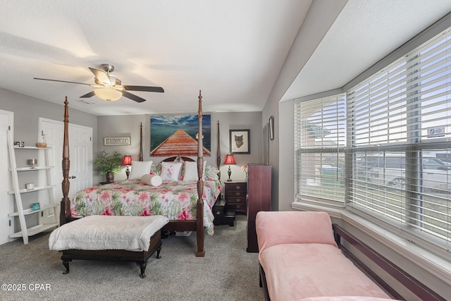 carpeted bedroom featuring ceiling fan