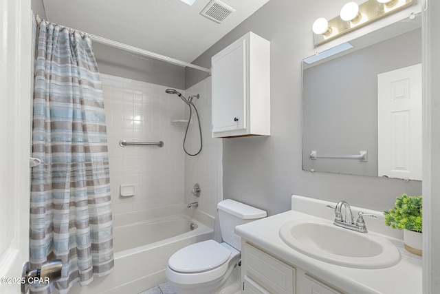 full bathroom featuring vanity, shower / tub combo with curtain, and toilet