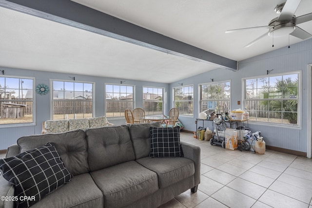 sunroom featuring ceiling fan and beamed ceiling